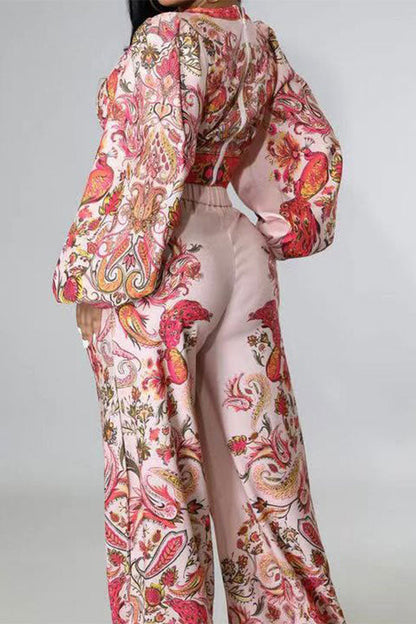 storexq Tribal Floral Print Classic Wide Leg Pant Suit