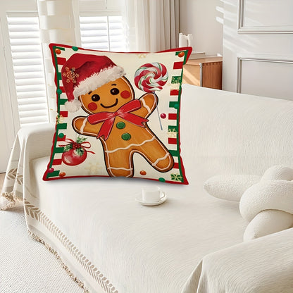 2pcs Festive Christmas Throw Pillow Covers - Gingerbread & Candy Cane Designs, Perfect for Holiday Home & Dining Decor, Machine Washable Linen, Multiple Sizes (16x16/18x18/20x20)