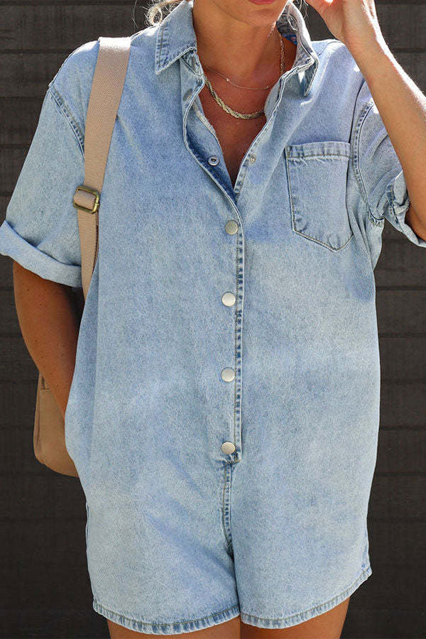 storexq Solid Color Casual Patch Pocket Denim Romper