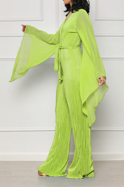 storexq Solid Color Chic Belted Pleated Jumpsuit