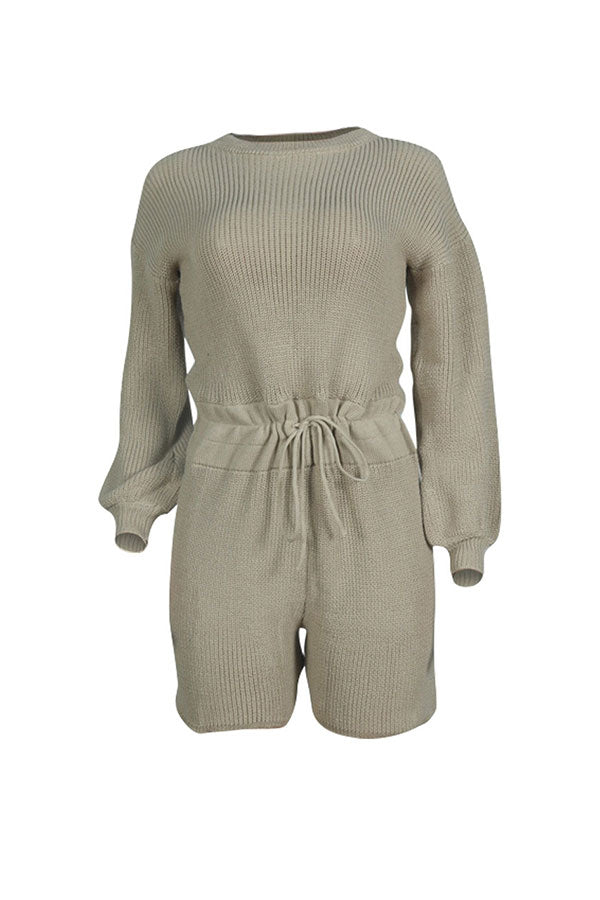 storexq Solid Color Knitted Classic Drawstring Romper