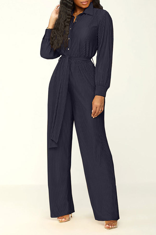 storexq Solid Color Classic Belted Pleated Jumpsuit