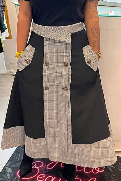 storexq Long Sleeve Top & Plaid Patchwork Modern A-Line Skirt