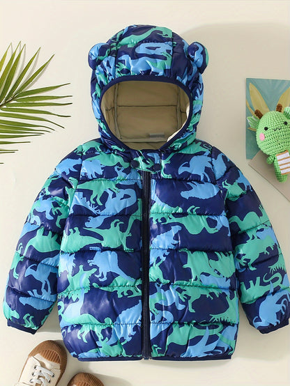 Toddler Boy Dinosaur Pattern Hooded Padded Jacket