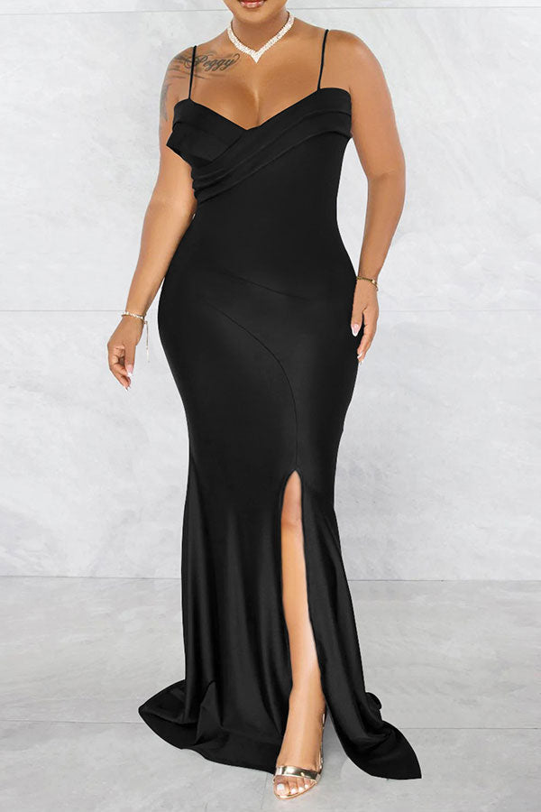 storexq Solid Color Classic High Slipt Maxi Dress