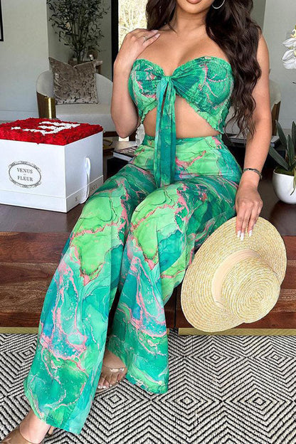 storexq Tie Dye Tropical Tie Front Wide Leg Pant Suit