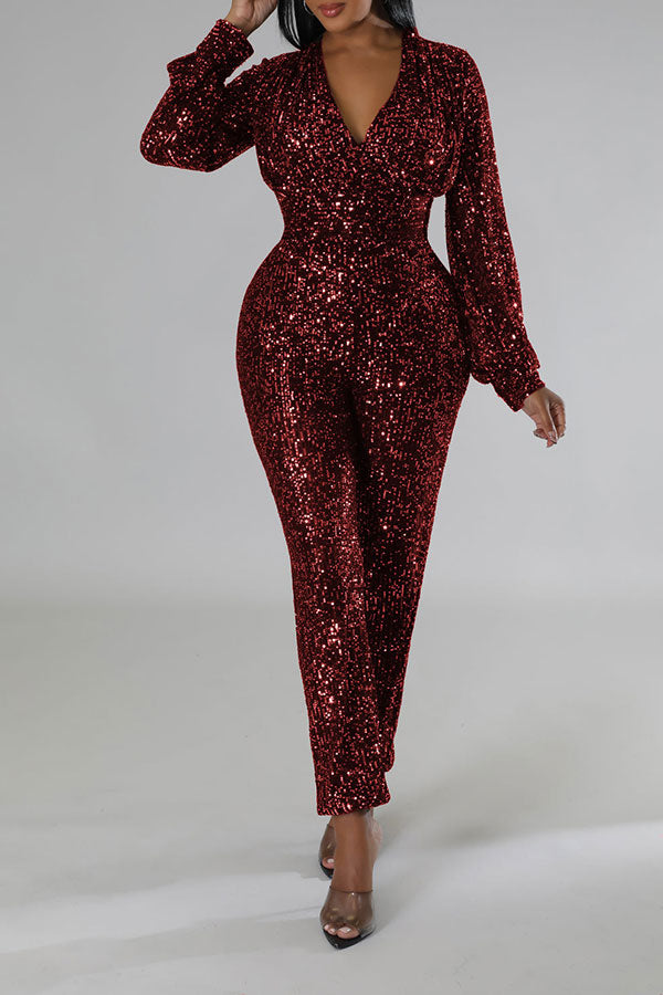 storexq Sequined Sparkly V Neck Jumpsuit