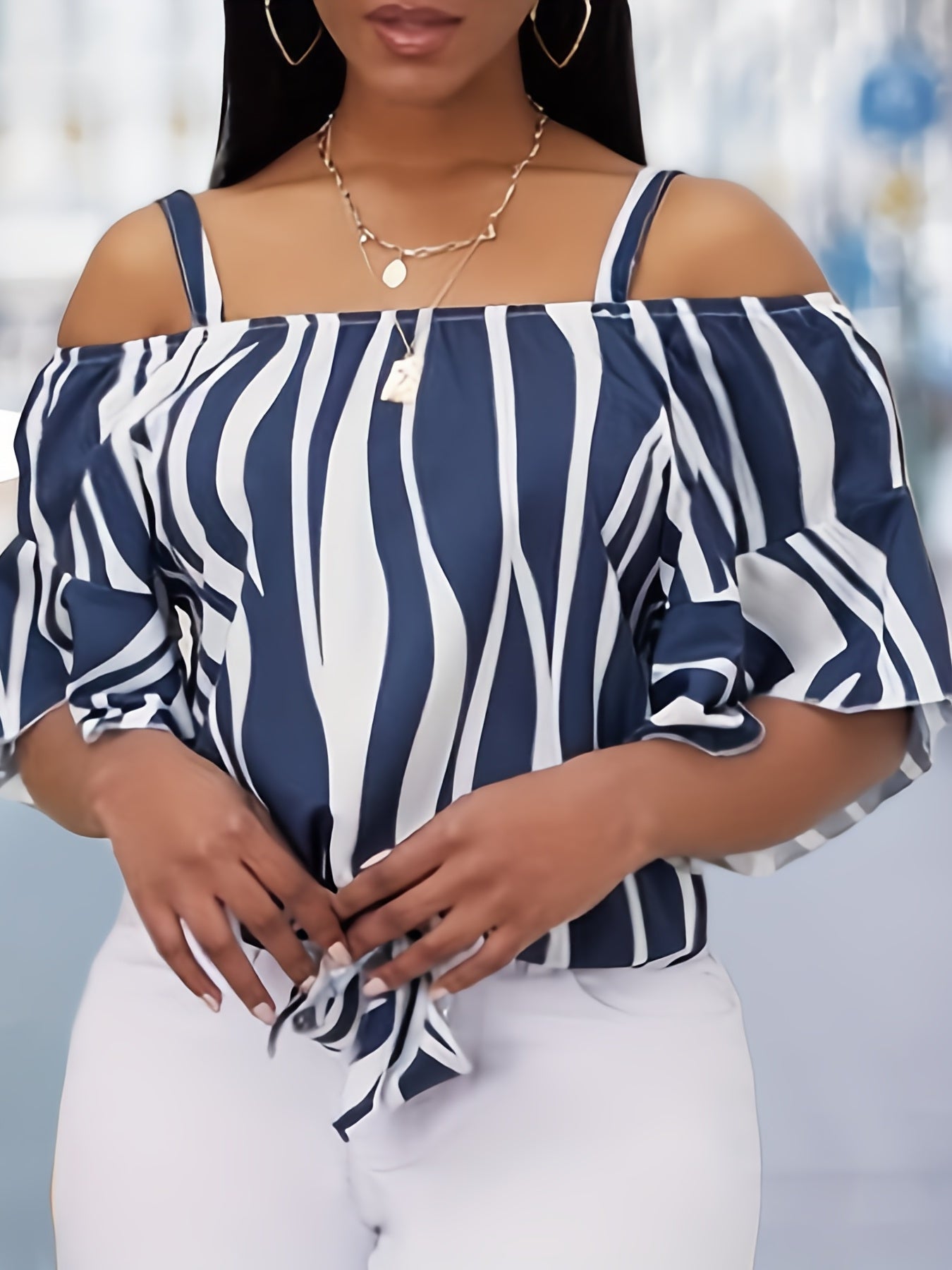 Chic Plus Size Womens Blouse - Fashionable Stripe Print with Flirty Ruffle Trim & Cold Shoulder Knot Front - Comfy Casual Top for Everyday Style