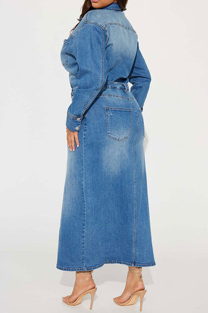 namcoverse Blue Gradient Denim Classic High Split Midi Dress