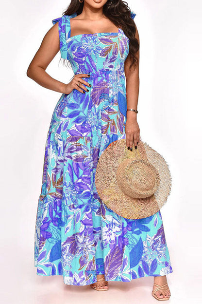 namcoverse Leaf Print Strap Shirred Undeniable Tiered Ruffle Maxi Dress