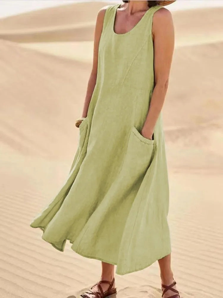 Summer women Casual Dresses pocket sleeveless round neck women's cotton linen dress loose home outdoor skirt cf0 9e0