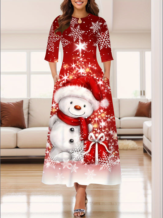 Elegant Women's Christmas Snowman Print Dress - Casual 3/4 Sleeve, Crew Neck with Ring Detail, Stretchy Polyester Blend, Machine Washable