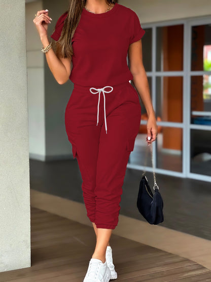 Casual Solid Color Pants Set, Short Sleeve T-shirt & Flap Pockets Drawstring Jogger Pants Outfits, Women's Clothing