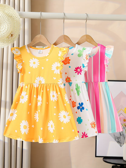 3pcs Girls Adorable Floral Print Ruffle Dress Set - Trendy Summer Leisure Wear for Vacation Fun