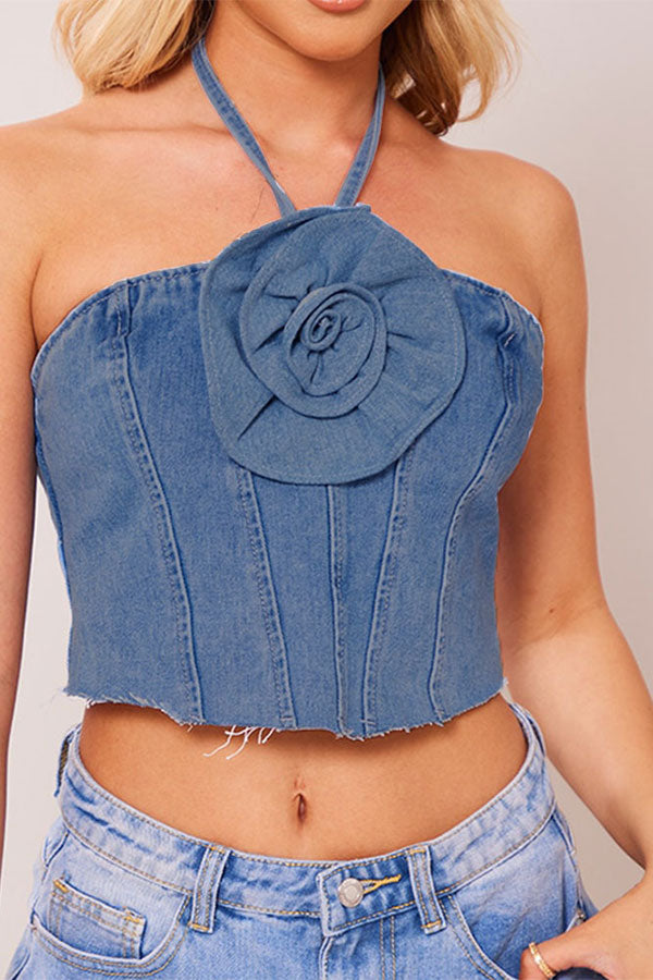 storexq 3D Flower Decor Halter Collar Smart Denim Camisole