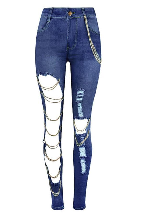 storexq Blue Stylish Cutout Jeans with Chains