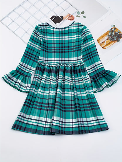 Elegant Girls' Plaid Flare Sleeve Crew Neck Dress Girls' Dresses For Christmas Fall Gift