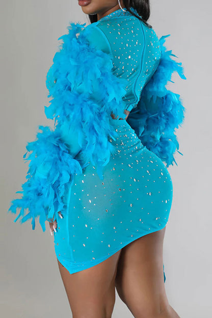 storexq Rhinestone Striking Feather Sleeve Irregular Dress Suit