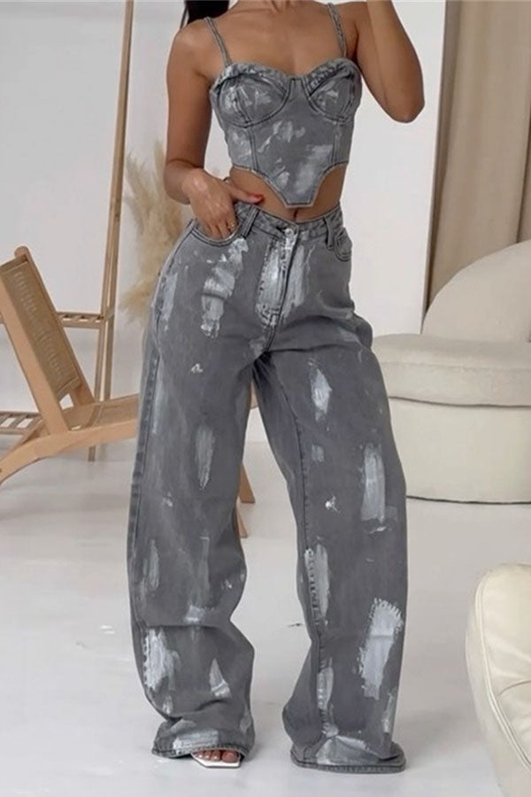 storexq Splash Ink Print Retro Irregular Denim Pant Suit