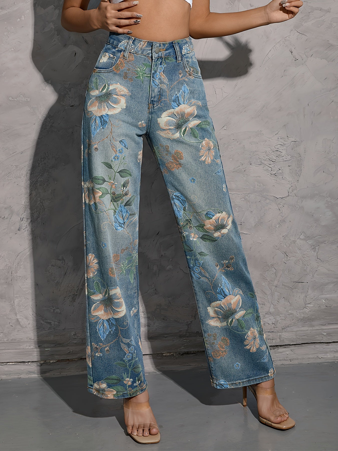 Fashionable Womens Floral Print Jeans - Loose Fit, Distressed Denim, Practical Pockets, Casual Straight Leg Pants for Everyday Style