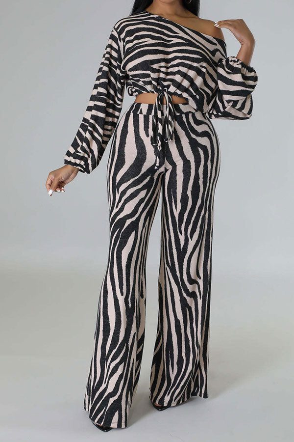 storexq Zebra Print Feminine Drawstring Pant Suit