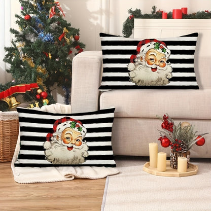 Contemporary Striped Linen Throw Pillow Cover 12x20inch - Christmas Santa Claus Cushion Case with Zipper, Machine Washable, Festive Decoration for All Rooms - 1pc (No Insert) Black & White