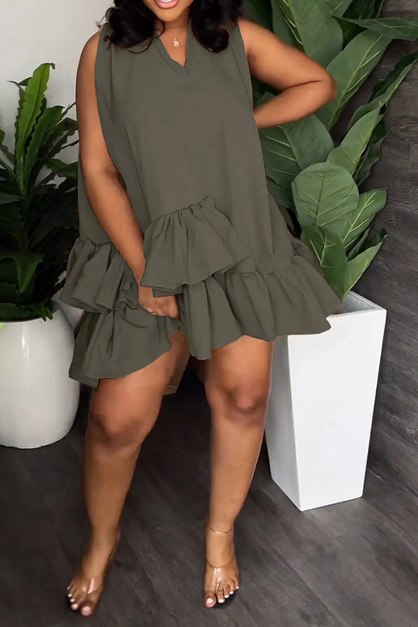 namcoverse Solid Color Cute Tiered Ruffle Mini Dress (With Belt)