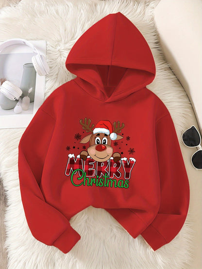 100% Polyester Kids' Christmas Fashion Hoodie for Ages 12 and Under - Reindeer & Letter Print Applique, Slight Stretch, Loose Fit Casual Pullover Hooded Sweatshirt for Fall/Winter