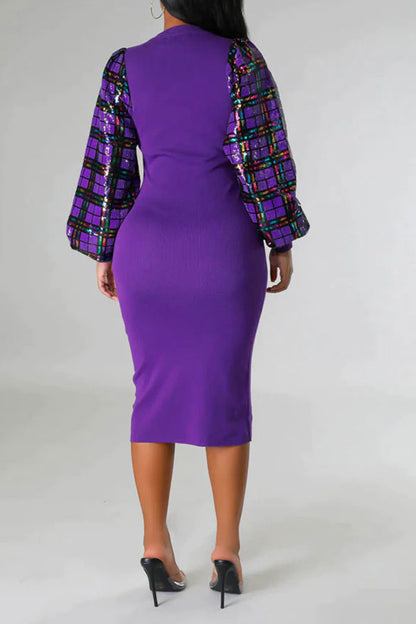 namcoverse Sequined Plaid Patchwork Commuting Midi Dress