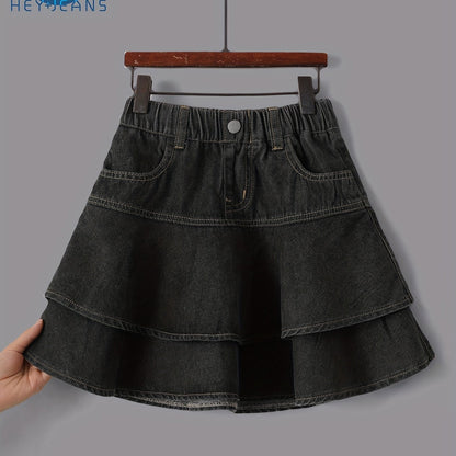 Tiered Ruffle Skirt - Soft Cotton Denim, Stretchy Elastic Waistband, Adorable Button Accents - Perfect for Girls, Latest Summer  Fashion, Cute and Playful Style, Youthful Casual Wear