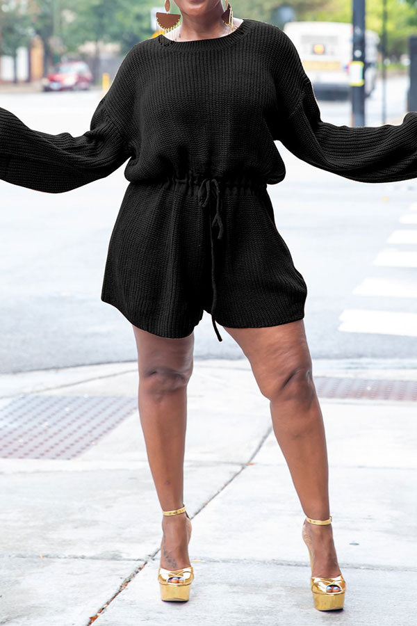 storexq Solid Color Knitted Classic Drawstring Romper