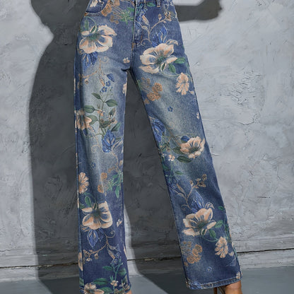 Fashionable Womens Floral Print Jeans - Loose Fit, Distressed Denim, Practical Pockets, Casual Straight Leg Pants for Everyday Style