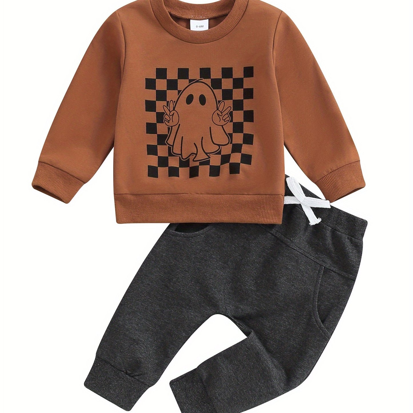 Toddler Boys Fall Outfits Checkerboard Ghost Print Crew Neck Long Sleeve Sweatshirts and Long Pants 2Pcs Halloween Clothes Set