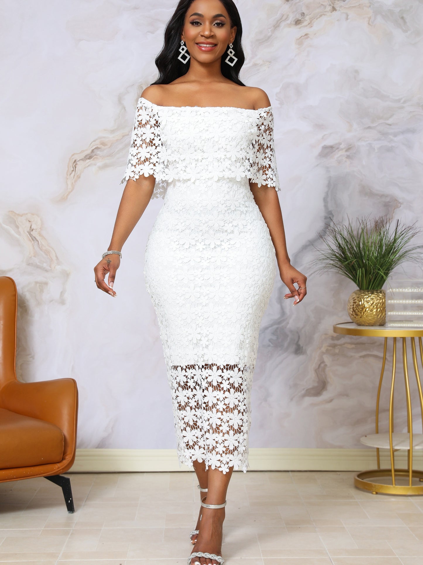 Stunning Floral Applique Off Shoulder Bodycon Midi Dress - Elegant Split Back Lace Design, Party-Perfect Women's Clothing with Flattering Silhouette and Chic Style