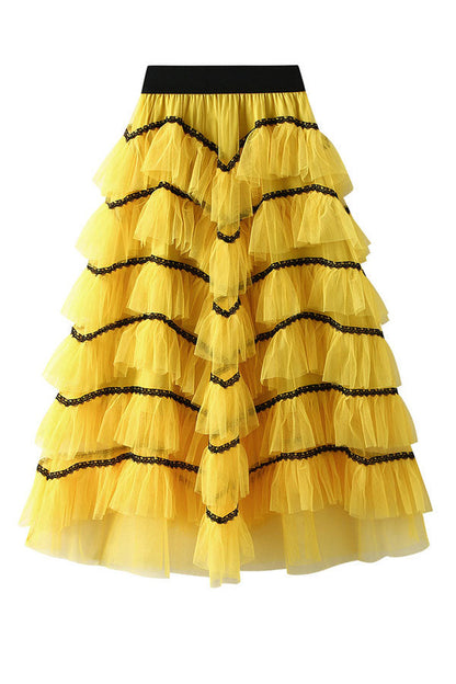 storexq Patchwork Cute Mesh Tiered Ruffle Skirt