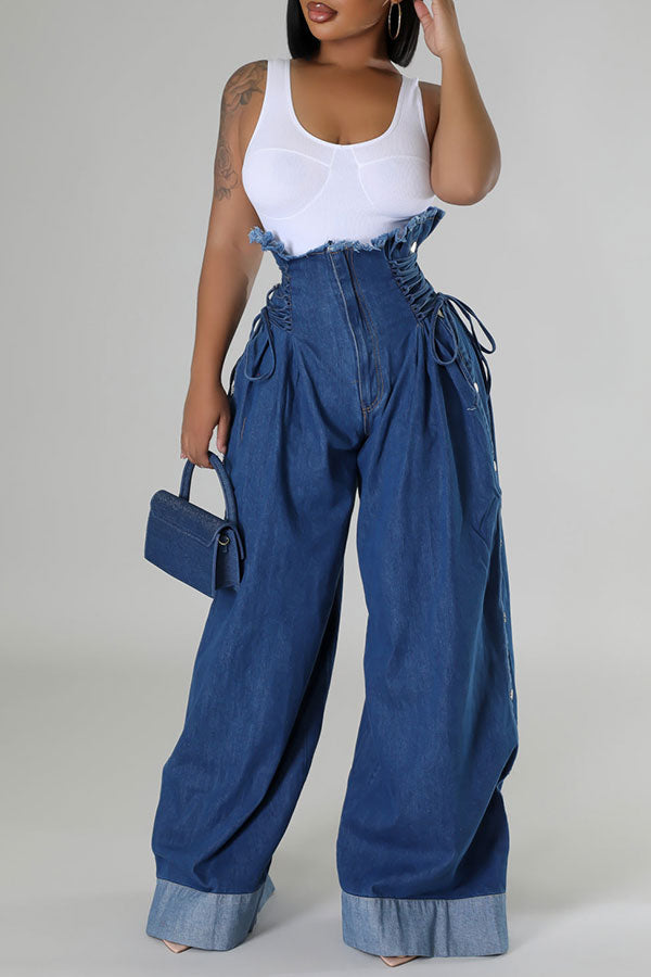 storexq Color Block Strappy High Waist Urban Side Snaps Wide Leg Jeans