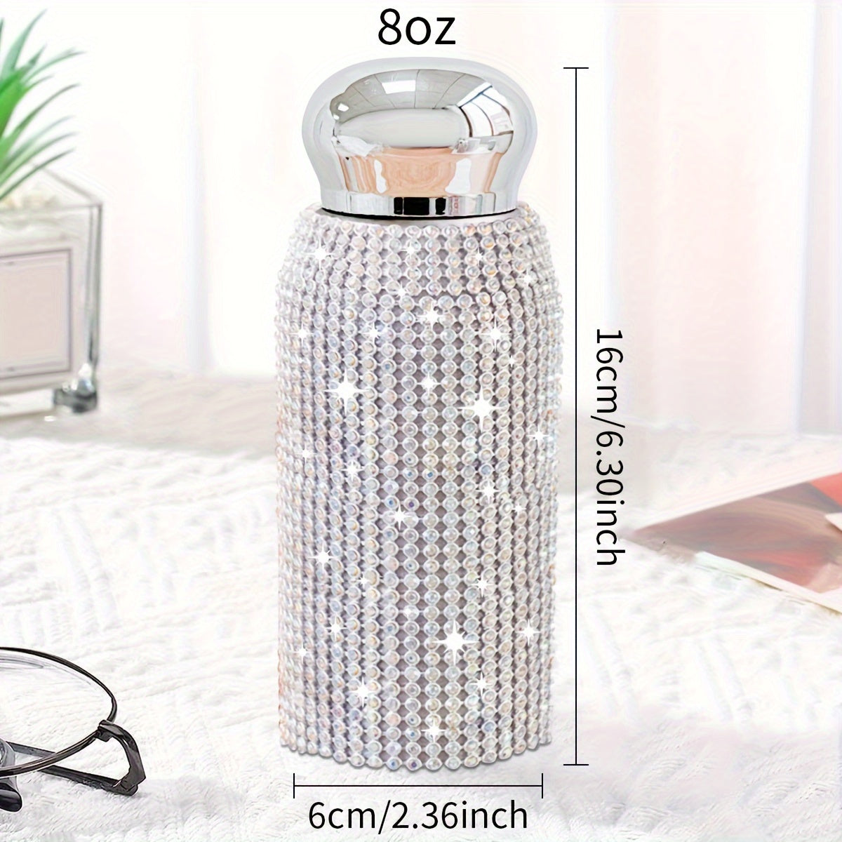 1pc, Sparkling Studded Vacuum Flask, 6oz/8oz Stainless Steel Insulated Water Bottles, Mini Travel Thermal Cups, For Hot And Cold Beverages, Summer Winter Drinkware, Christmas Gifts, Valentine's Day Gifts