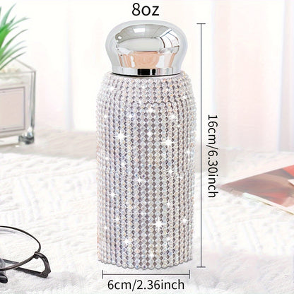 1pc, Sparkling Studded Vacuum Flask, 6oz/8oz Stainless Steel Insulated Water Bottles, Mini Travel Thermal Cups, For Hot And Cold Beverages, Summer Winter Drinkware, Christmas Gifts, Valentine's Day Gifts