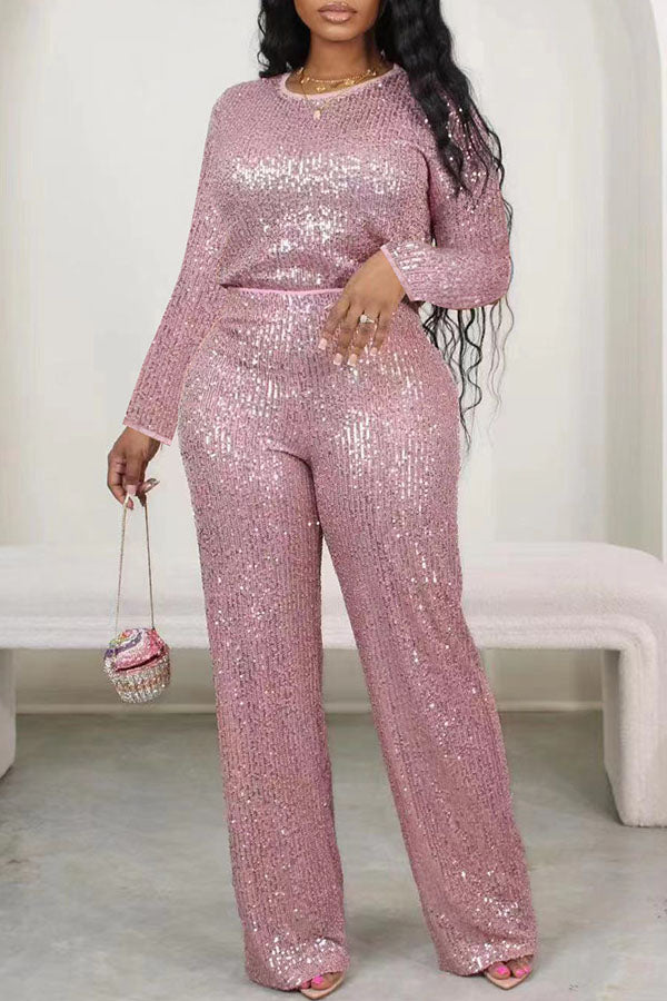 storexq Solid Color Sequined Striking Round Neck Pant Suit