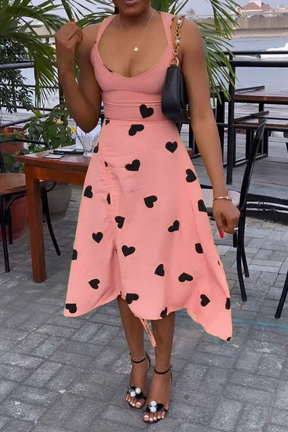 namcoverse Heart Print Sweet Tie Back Drawstring Midi Dress