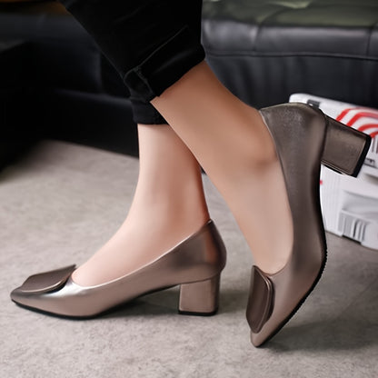 Chic Square Buckle Pumps - Solid Color Pointed Toe Design - Comfortable Chunky Heels for All-Occasion Stylish Work Wear