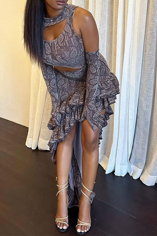 storexq Paisley Print Sophisticated Cutout Asymmetric Midi Dress