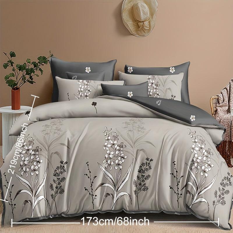 3-Piece Soft Grey Plant Printed Duvet Cover Set - Comfortable, Breathable, and Hypoallergenic Bedding for Bedroom and Guest Room - Includes 1 Duvet Cover and 2 Pillowcases, Without Core, Perfect for Ramadan