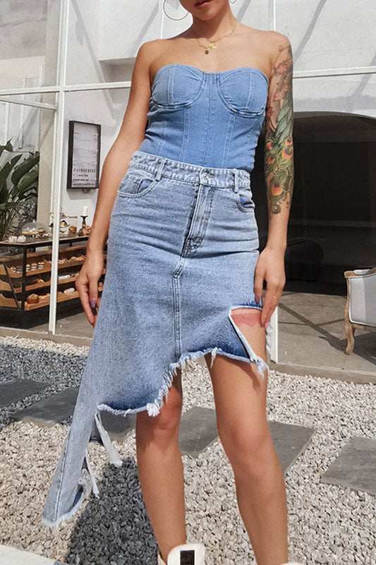 storexq Unusual Asymmetric High Split Denim Skirt