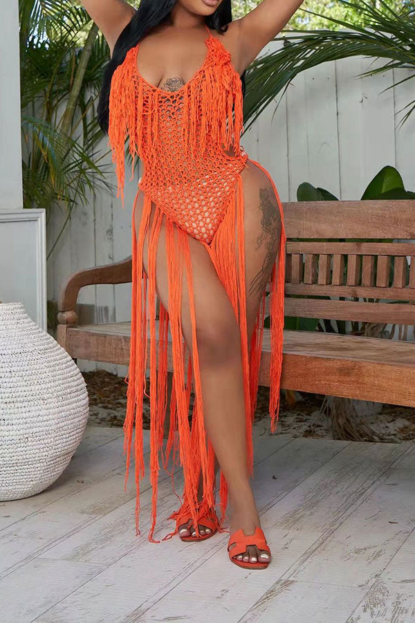 storexq Solid Color Backless Romantic Crochet Cutout Tassel Beachwear