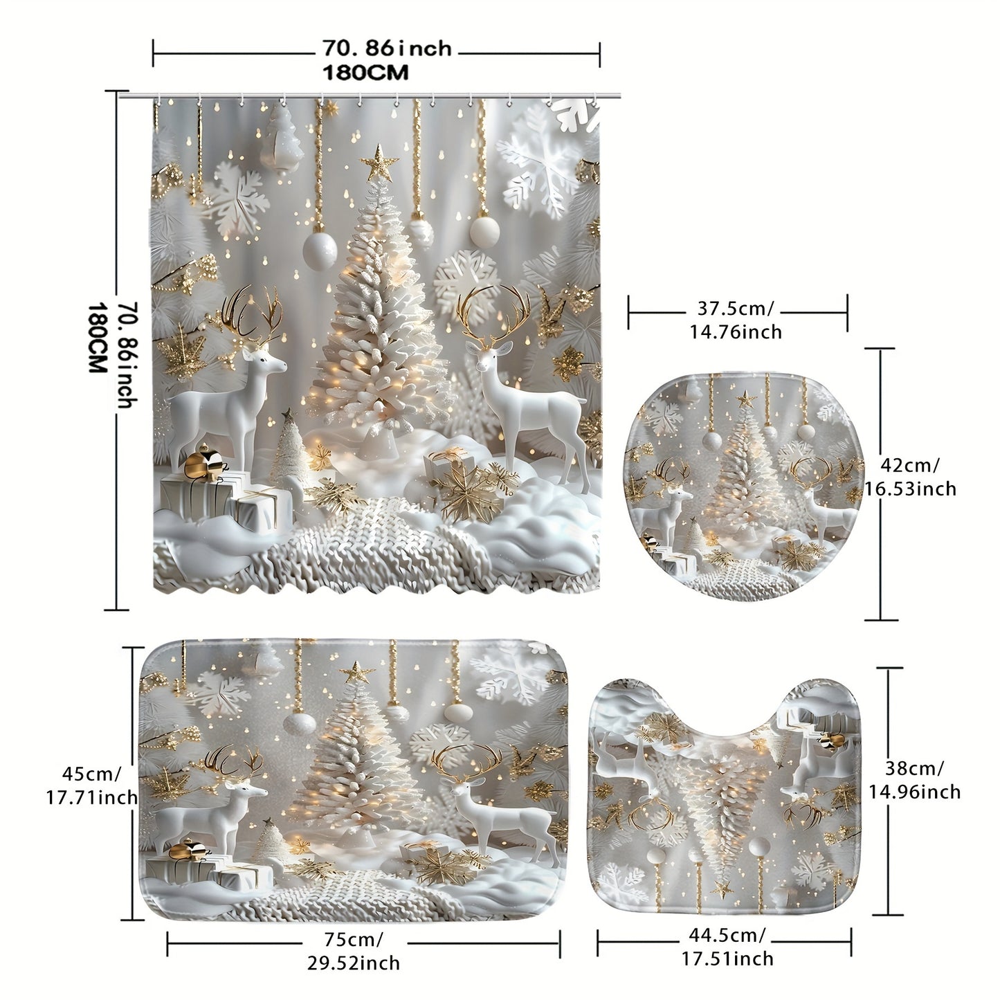 1/4pcs Christmas decoration snowmen animal pattern digital printed waterproof shower curtain toilet seat bath mat set, decoration shower curtain with carpet and toilet lid polyester cloth shower curtain with 12 plastic hooks 70.87*70.87inch