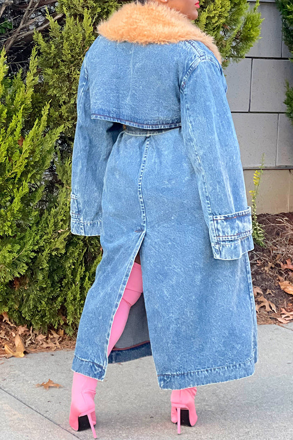 storexq Patchwork Feminine Belted Denim Trench Coat