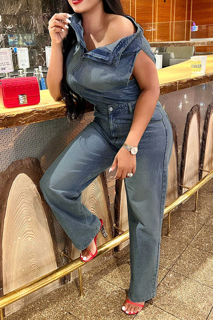 storexq Blue Unusual Belted Wide Leg Denim Pant Suit