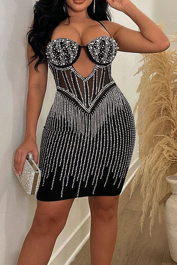 storexq Rhinestone & Beaded Decor Glittery Patchwork Mini Dress