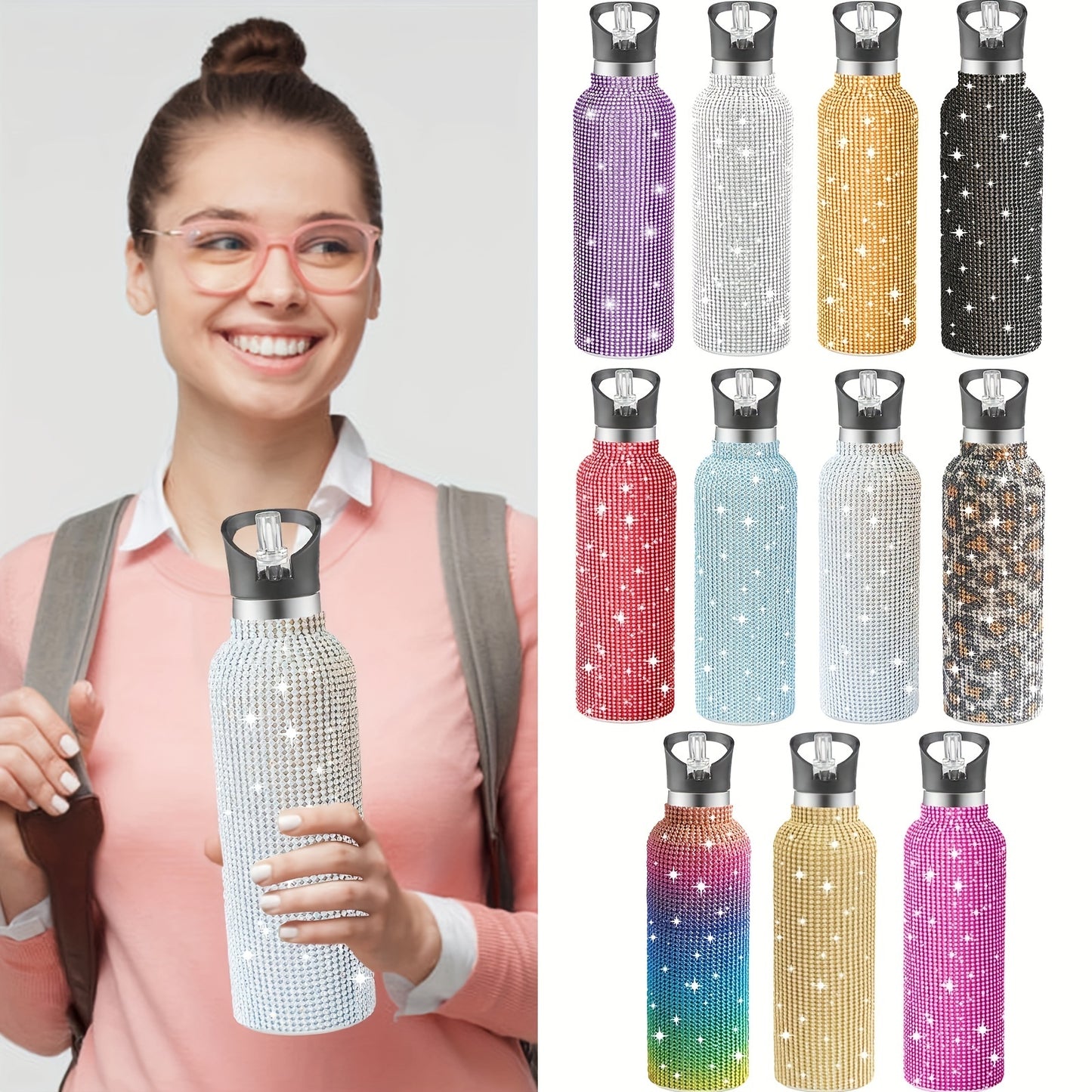 1pc Sparkling Studded Insulated Water Bottle - Stainless Steel Vacuum Flask with Lid for Hot and Cold Drinks - Portable, Leak-Proof, and Sweat-Free Design for Home, Outdoor, and Sports Use - Perfect Gift for Men and Women - 500ml/750ml